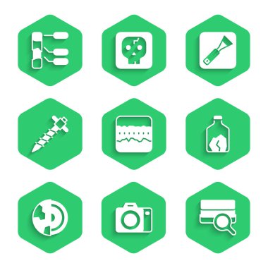 Toprak katmanlarını, fotoğraf makinesini, analizi, toprak madenciliğini, Dünya 'nın temel yapı kabuğunu, inşaat matkabını, boya fırçasını ve ikonunu ayarla. Vektör