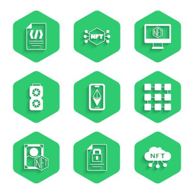 Ethereum ETH, Document and lock, NFT cloud, blockchain technology, Digital crypto art, Video graphic card, Monitor with store app and binary code simgesi. Vektör