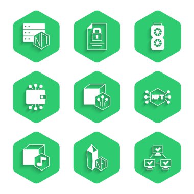 NFT dijital kripto sanatı, engelleme zinciri teknolojisi, kripto para birimi cüzdanı, video grafik kartı ve simge ayarla. Vektör