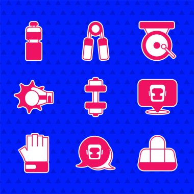 Set Dumbbell, boks kaskı, spor çantası, MMA eldiveni, boks, gong ve fitness sallama ikonu. Vektör