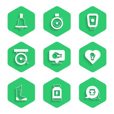 Boks eldiveni, enerji içeceği, kask, spor boks ayakkabısı, gong, eğitim patileri ve çan ikonu. Vektör