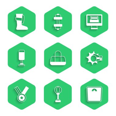 Spor çantası, Yumruklama, Banyo terazisi, boks eldiveni, madalya, boks yüzüğü ve ayakkabı ikonu. Vektör