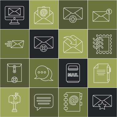 Zarfı yıldız, döküman ve kalem, posta pulu, alınan ileti konsepti, zarfı sil, ekspres, monitör ve simge ile ayarla. Vektör