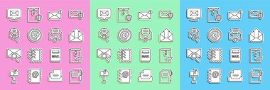 Satır belgesi ve kalemini, Zarfı, giden postayı, e- postayı büyüteç, konuşma kabarcığı zarfı ve simgeyi sil ile ayarla. Vektör