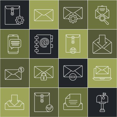 Satır posta kutusu, zarf, zarf, ayar, adres defteri, telefonda sohbet mesajları bildirimi ve simgeyi sil. Vektör