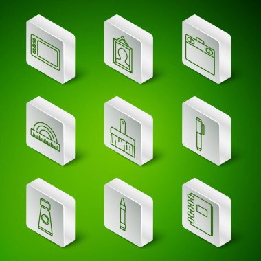 Çizgi çizgisi, çizim için mum boya kalemleri, grafik tableti, boya fırçası, protraktör, resim, paletli tüp ve kalem simgesi. Vektör