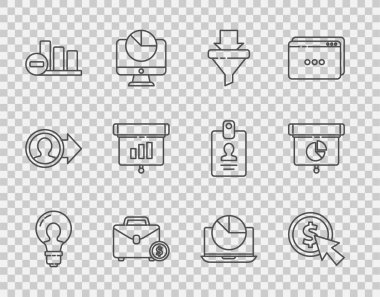 Fikir, İmleç ve madeni para, satış huni okları, evrak çantası parası, grafik bilgisi, grafik, grafik, diyagram, dizüstü bilgisayar ve simge içeren çizgi ampulü ayarlayın. Vektör