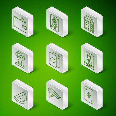 Kulüp, güvenlik kamerası, cüzdan parası, iskambil kağıdı, kumarhane poker kupası, kral elmasları, kumar makinesi karpuzu ve satıcı ikonu içeren bir kart. Vektör