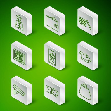 Set hattı, Cüzdan, Oyun zarları, Poker oyuncusu, Kumarhane poker turnuvası davetiyesi, Laptop ve slot makinesi, içinde para, güvenlik kamerası ve Joker iskambil simgesi olan. Vektör