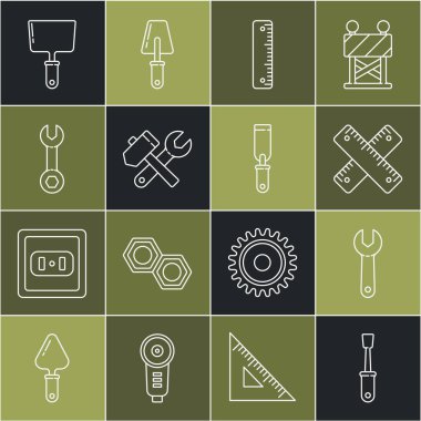 Tornavida, İngiliz anahtarı, çapraz cetvel, cetvel, çekiç ve anahtar, macun bıçağı ve Rasp metal dosya simgesi. Vektör