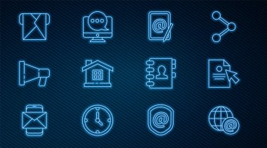 Posta, belge ve imleç, e-posta, House, Megaphone, Envelope, Adres Defteri ve Sohbet mesajları bildirim simgesi içeren bir satır oluştur. Vektör