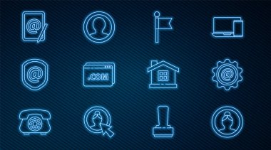 Satır Oluştur hesap ekranı, e- posta, konum işaretleyici, web sitesi şablonu, Kalkan ile birlikte, Ev ve simge oluştur. Vektör