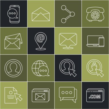 Web sitesi şablonu, hesap ekranı, Monitör ve telefon, Paylaşım, Konum e- postası, Zarf, Sohbet iletisi bildirimi ve simgesi oluştur. Vektör