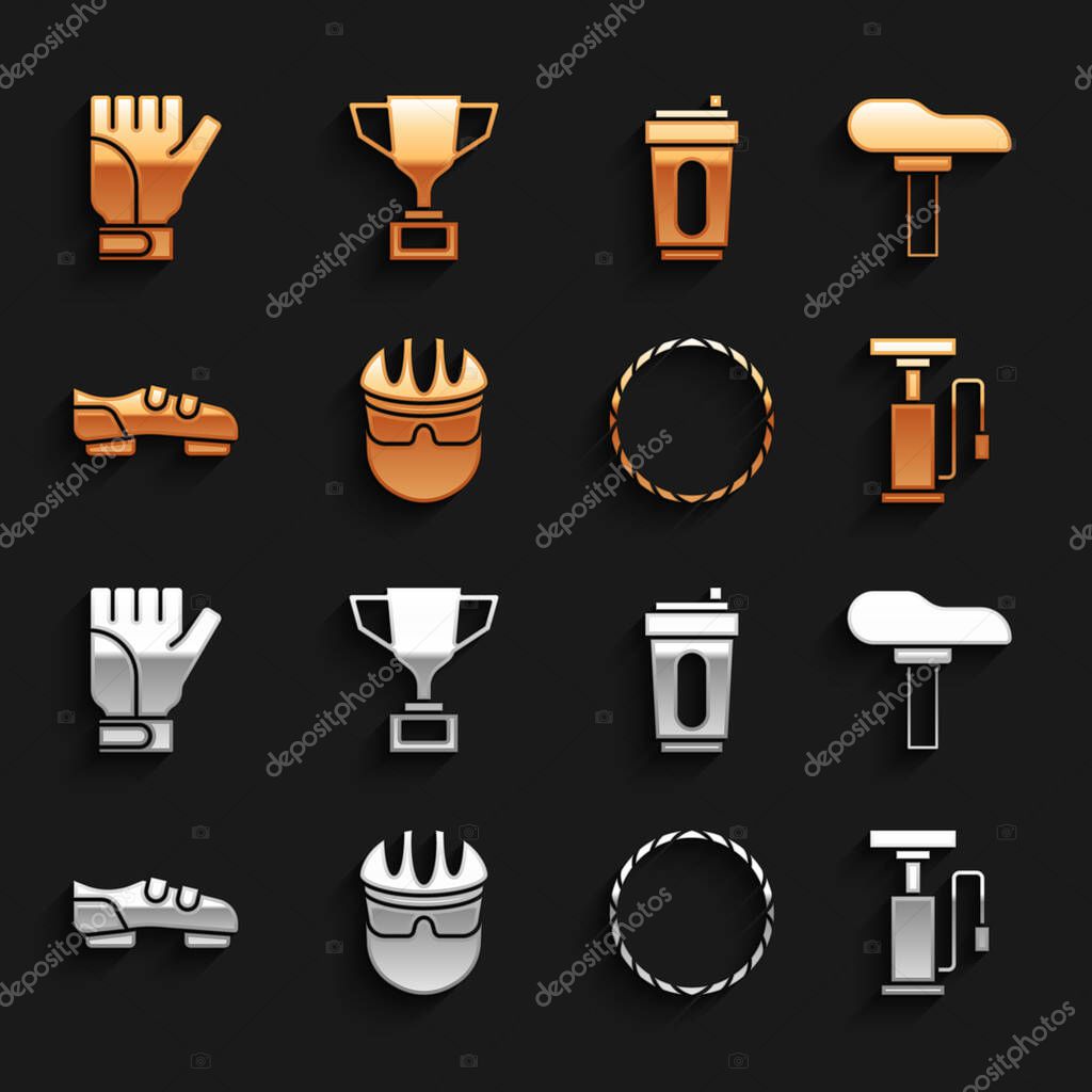 Set Bicycle helmet, seat, air pump, wheel, shoes, Sport bottle with water, Gloves and Award cup bicycle icon. Vector