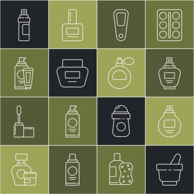 Havan topu ve tokmak, parfüm, el aynası, krem losyon kozmetik tüpü ve ikon. Vektör