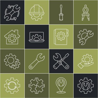 Satır anahtarı ve teçhizatı ayarlayın, ayarlar elde, tornavida, dizüstü bilgisayar, ev ile, oklar iş akışı ve Kullanıcı elle simgesi olarak. Vektör