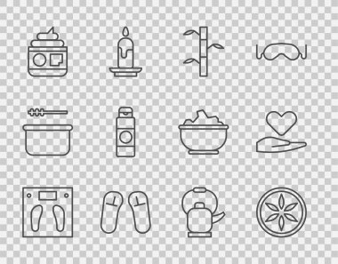 Sıra halinde banyo terazileri, yapraklı yaprak bitkisi, yapraklı bambu sapları, terlik, krem veya losyon kozmetik tüpü, kettle sapı ve kalp ikonu. Vektör