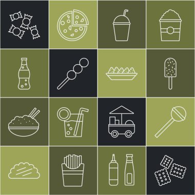 Cracker bisküvisi, lolipop, dondurma, milkshake, tahta çubukta köfte, bir şişe su, tabak ikonunda şeker ve nachos. Vektör