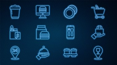 Alkol ya da bira barı, online sipariş ve teslimat, tabak, burger, kahve fincanı paket ve ikon. Vektör