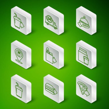 İnternetten pizza siparişi, hamburger, kahve fincanı ve Cafe restoranının yeri, arabayla hızlı ve ikon. Vektör