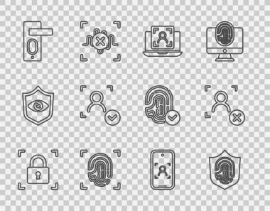 Parmak izini kilit, kalkan, dizüstü bilgisayar yüz tanıma sistemi, kapı, yüz, mobil ve reddetme simgesi ile ayarla. Vektör