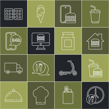 Sırayı 24 saat kurun, kağıt bardak ve burger, online sipariş, yemek, restoran kafe menüsü ve ikon. Vektör