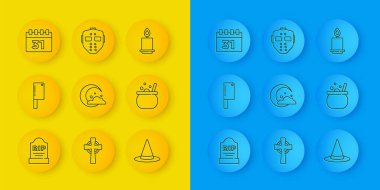 RIP yazılı Tombstone hattı, Et Helikopteri, Ay ve yıldızlar, Cadı şapkası, Cadılar Bayramı cadı kazanı, takvim, yanan mum ve Hokey maskesi ikonu. Vektör