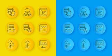 Satır Cloud teknoloji veri transferini ayarla, Sunucu, Data, Web Sunucusu, ve dişli, grafik grafikli monitör, yükleme penceresi, Ağ bulut bağlantısı, kırık dosya ve simge. Vektör