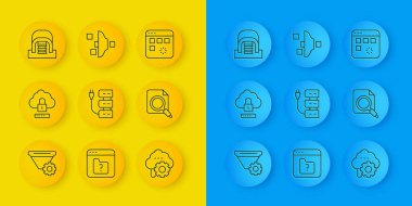 Satır filtre ayarı, Bulut bilgisayar kilidi, Server, teknoloji veri transferi, dizinli arama konsepti, Hangar sunucuları, Pencere ve simge yükleme. Vektör