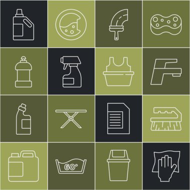 Hat temizleme servisi, temizlik için fırça, su musluğu, temizleyici pencereler, sprey şişe, şişe ve tişört ikonlu leğen. Vektör