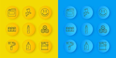 Çizgi boya fırçası, sprey boya kutusu, keçeli kalem, kova, boya, guaj, kavanoz, boya, gülen yüz ve silah ikonu. Vektör