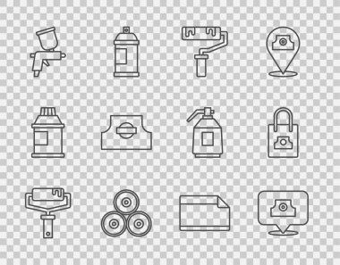 Çizgi boyası fırçası, sprey başlık, sprey, silah, yapıştırıcı ve simge. Vektör