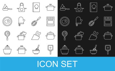 Sabit hat, kızartma tavası, tencere, fırın, yemek kitabı, eldiven, çırpılmış yumurta ve mutfak çırpma ikonu. Vektör