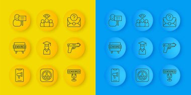 Protesto, sansürlü pul, mezuniyet şapkası, tabanca, soru işareti ve casus içeren zarf, ajan simgesi. Vektör