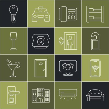 Hat Sofa, kablosuz cep telefonu, lütfen rahatsız etmeyin, telefon ahizesi, masa lambası, otelin kapı kilidi anahtarı ve asansör simgesi. Vektör