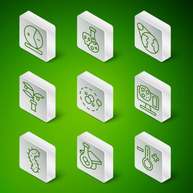 Hat termometresi, derecelendirme başlığı, Atom, bitki üretimi, zehirli sıvıyla test tüpü, Virüs ve Genetik mühendisliği ikonu. Vektör