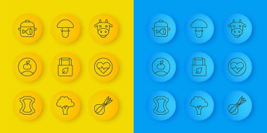 Deri, Elma, geri dönüşümlü alışveriş torbası, soğan, kalp atış hızı, pişirme kabı ve tavuk bacağı, inek kafası ve mantar ikonu. Vektör