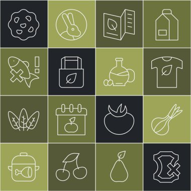 Deri yok, soğan yok, vejetaryen yemek menüsü yok, geri dönüşümlü alışveriş torbası, balık, kurabiye ya da bisküvi yok ve bir şişe zeytinyağı ikonu. Vektör