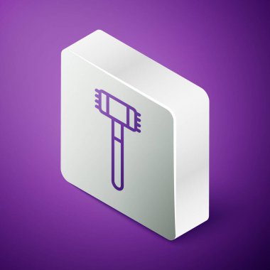 Mor zemin üzerinde izole edilmiş Isometric Line Kitchen çekiç ikonu. Et çekici. Gümüş kare düğme. Vektör.