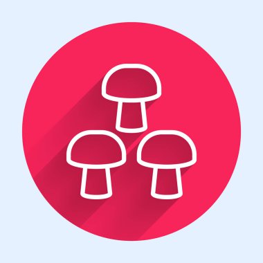 Beyaz çizgi mantar ikonu uzun gölgeli izole edilmiş. Kırmızı daire düğmesi. Vektör.