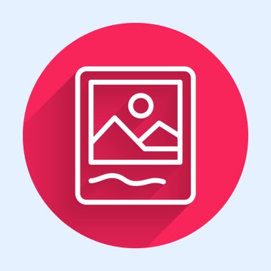 Beyaz çizgi foto çerçeve simgesi uzun gölgeli izole edilmiş. Vintage boş fotoğraf çerçevesi. Kırmızı daire düğmesi. Vektör.