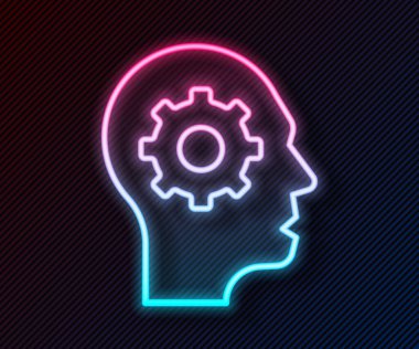 Parlak neon hattı insan kafası ve siyah arka planda izole edilmiş ikon içerisindeki ekipman. Yapay zeka. Düşünen beyin. Beynin sembol çalışması. Vektör.