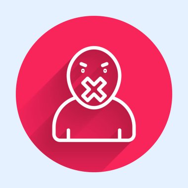 Beyaz çizgi sansür ve konuşma özgürlüğü kavramı ikonu uzun gölgeli izole edilmiş. Medya mahkumu ve insan hakları kavramı. Bağlı ağız. Kırmızı daire düğmesi. Vektör.