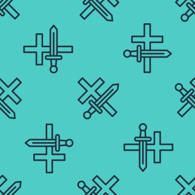 Siyah çizgi Haçlı Seferi simgesi yeşil arka planda kusursuz deseni izole etti. Vektör.