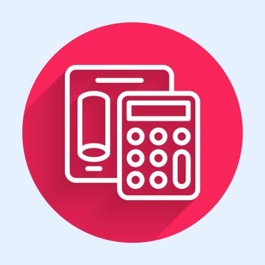 Beyaz çizgi hesap makinesi simgesi uzun gölge arkaplanı ile izole edildi. Muhasebe sembolü. İş hesaplamaları matematik eğitimi ve finans. Kırmızı daire düğmesi. Vektör