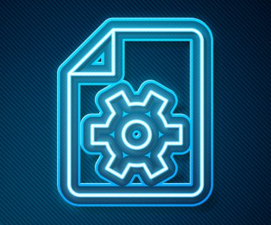 Mavi arkaplanda izole edilmiş vites simgesiyle parlayan neon hattı Belge ayarları. Yazılım güncellemesi, transfer protokolü, takım çalışması araç yönetimi. Vektör