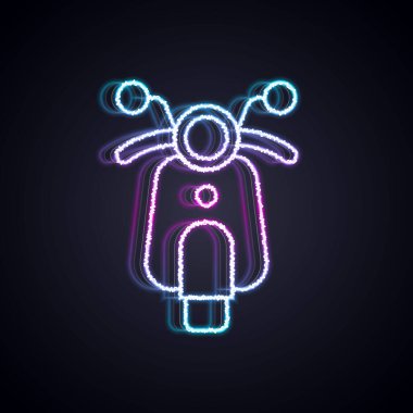 Parlayan neon çizgisi Scooter simgesi siyah arkaplanda izole edildi. Vektör