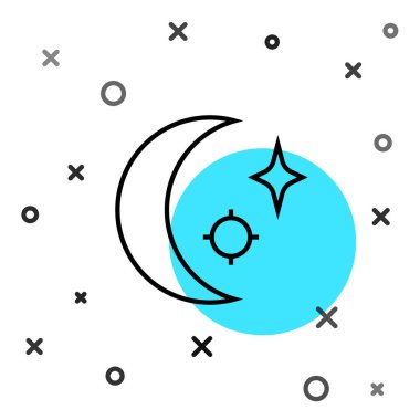 Siyah çizgi Ay ve yıldız simgesi beyaz arkaplanda izole edildi. Bulutlu gece işareti. Uyku rüyalarının sembolü. Dolunay. Gece ya da yatak zamanı tabelası. Rastgele dinamik şekiller. Vektör