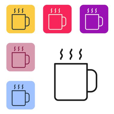 Black line Cup of tea icon isolated on white background. Set icons in color square buttons. Vector