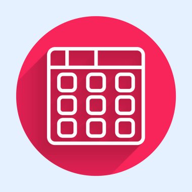 Beyaz çizgi Drum makinesi müzik yapımcısı ikonu uzun gölge arkaplan izole. Kırmızı daire düğmesi. Vektör